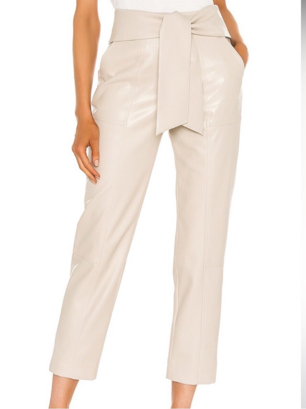 Jonathan Simkhai Cream Tie-Waist Cropped Faux Leather Pants
